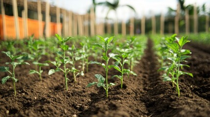 Poster - Row of young green plants growing in rich soil on a farm with palm trees in the background and clear blue sky Copy Space