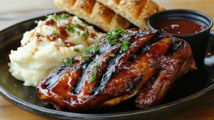 Poster - Grilled chicken breast with barbecue sauce served with mashed potatoes and toast on a black plate with copy space