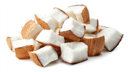 Aufkleber - Diced fresh coconut pieces arranged on a white background with ample copy space for text placement