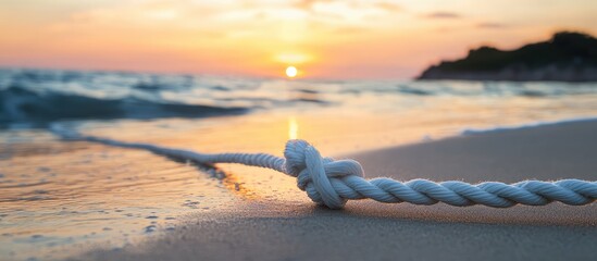 Aufkleber - Rope on sandy beach at sunset with ocean waves in the background and clear sky Copy Space