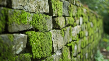 Aufkleber - Moss covered stone wall with textured surface and greenery in natural outdoor setting Copy Space
