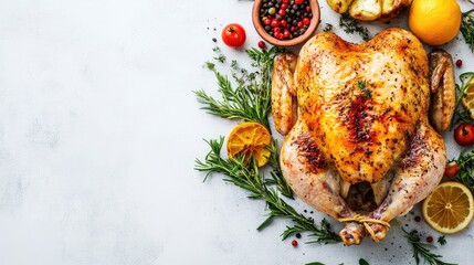 Aufkleber - Roasted whole turkey with fresh herbs spices and assorted vegetables on white background with Copy Space