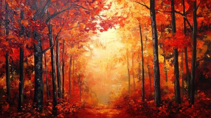Poster - Autumn forest landscape with vibrant red and orange leaves, soft sunlight filtering through trees, Copy Space for text placement.