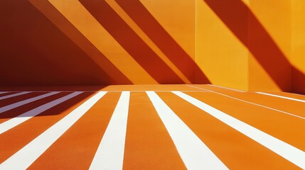 Poster - Abstract orange wall and floor with white stripes and elongated shadows, minimalistic geometric composition with Copy Space