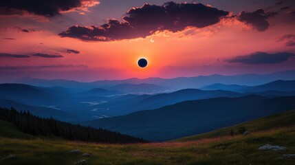 Aufkleber - Sunset over mountain range with solar eclipse casting dark shadow, vibrant sky colors and silhouettes of hills, Copy Space available