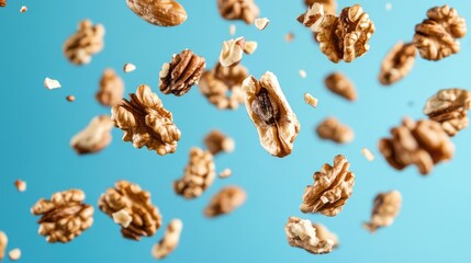 Poster - Walnuts in mid-air against a blue background with copy space for text