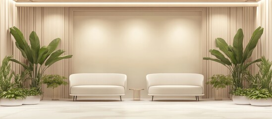 Poster - Modern living room interior with two white sofas, potted plants, and warm lighting, featuring Copy Space for text placement.