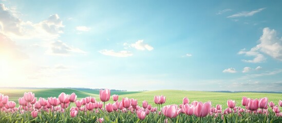 Aufkleber - Tulip field under blue sky with clouds at sunset landscape horizon with copy space for text