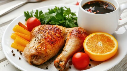 Poster - Roasted chicken leg with fresh vegetables, orange slice, and cup of dark sauce on white plate with copy space