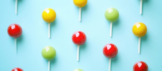 Aufkleber - Colorful lollipops in different flavors arranged in a grid pattern on a blue background with Copy Space
