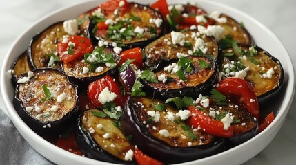 Aufkleber - Grilled eggplant and red peppers with crumbled feta cheese and herbs on a white plate with Copy Space