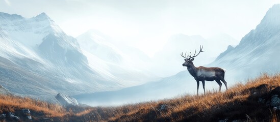 Poster - Majestic stag standing in misty mountain landscape with soft focus on background and copy space for text insertion