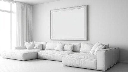 Poster - Modern minimalist living room with white sectional sofa and large window featuring copy space for text on the wall