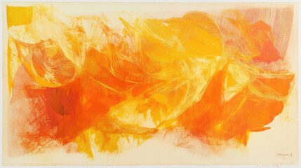 Poster - Abstract expressionist painting with vibrant orange and yellow hues, dynamic brush strokes, and a soft textured background, Copy Space available.