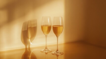 Poster - Two glasses of light golden beverage with reflections and shadows on a warm yellow background Copy Space