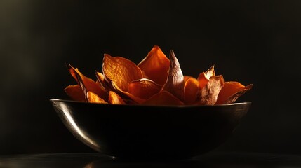 Aufkleber - dried orange petals arranged in a black bowl on a dark background with dramatic lighting and copy sp