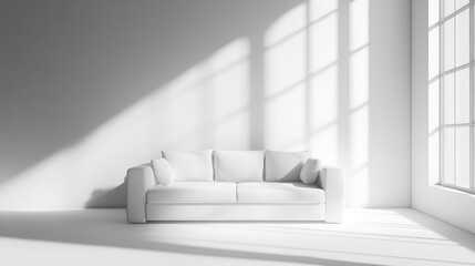 Poster - Modern white sofa in minimalist room with large windows casting shadows and ample copy space for text placement