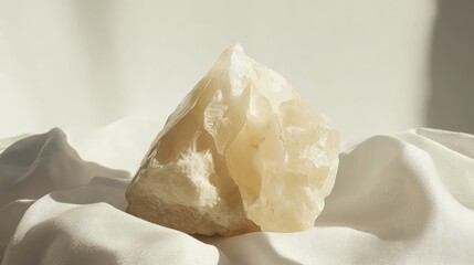 Poster - Translucent white mineral crystal on a soft fabric backdrop with natural lighting Copy Space