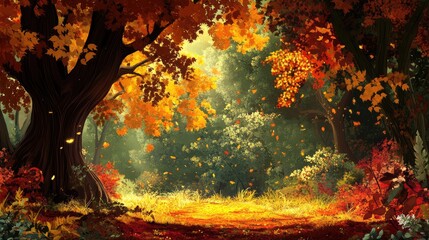 Aufkleber - Autumn forest landscape with vibrant fall foliage and gentle sunlight filtering through trees Copy Space