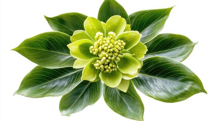 Poster - Detailed close-up of green flower with multiple layers of leaves against a white background Copy Space