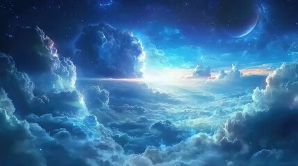 Fototapete - Stunning celestial landscape with vibrant clouds and ethereal light, featuring various shades of blue and Copy Space for text placement.