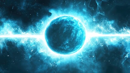 Aufkleber - Blue glowing planet in cosmic space with bright energy beams and swirling nebula Copy Space