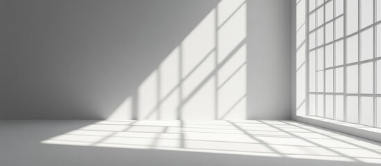 Poster - Minimalist interior space with sunlight casting shadows from large windows onto the floor Copy Space