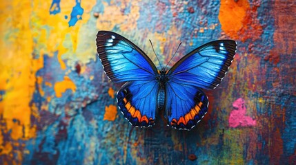 Poster - Blue butterfly perched on a vibrant painted surface with colors ranging from yellow to orange and pink. Copy Space available.
