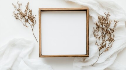 Poster - Wooden picture frame on a light background with dried flowers and fabric, Copy Space for text or content insertion