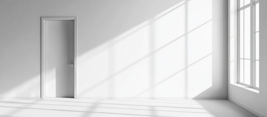 Poster - Minimalist interior room with white walls and door, natural light casting shadows, ample copy space for text.