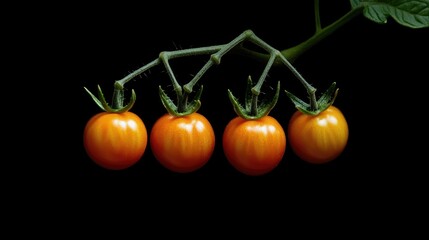 Aufkleber - Fresh ripe orange cherry tomatoes on vine with green leaves isolated on black background Copy Space