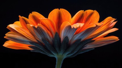 Poster - Close-up view of a vibrant orange flower on a black background with detailed petals and green stem Copy Space