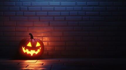 Poster - Glowing Halloween pumpkin lantern on brick wall background with dramatic lighting and Copy Space for text placement