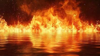 Leinwandbilder - Flames Reflected on Water Surface Creating Dramatic Visual Effect with Copy Space for Text Placement