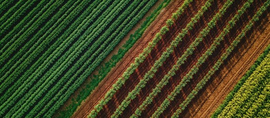 Aufkleber - Aerial view of vibrant agricultural fields with green and brown striped rows and copy space for text.