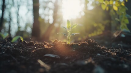 Aufkleber - New plant sprouting in soil with sunlight filtering through trees in background showcasing growth and renewal Copy Space