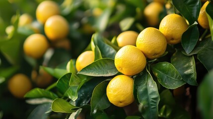 Poster - Bunch of ripe yellow lemons hanging on green leafy branches with blurred background and Copy Space for text