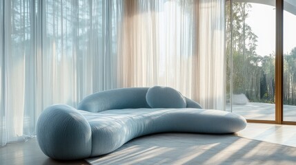 Poster - Stylish modern curved blue sofa in bright room with sheer curtains and natural light Copy Space