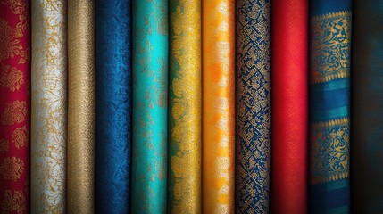 Poster - Colorful textile patterns in vertical arrangement with rich designs and textures Copy Space