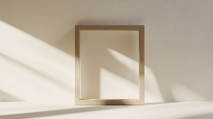 Poster - Minimalistic wooden picture frame on blank wall with natural sunlight casting shadows Copy Space