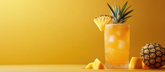 Poster - Pineapple cocktail in a glass with ice garnished with pineapple slices against a vibrant yellow background with copy space