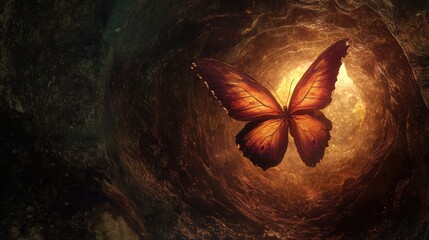 Poster - Butterfly with orange wings illuminated in a dark tunnel with soft glow of light and textured background Copy Space