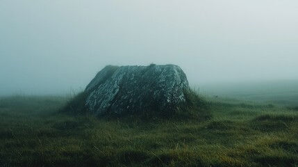 Poster - Moss-covered rock in foggy landscape with soft grass surroundings and Copy Space for text placement
