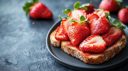 Aufkleber - Fresh strawberries on toasted bread served on a black plate with additional strawberries in the background Copy Space