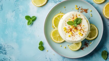 Aufkleber - Fresh lemon dessert garnished with mint leaves and lemon slices on a light blue plate with copy space for text.