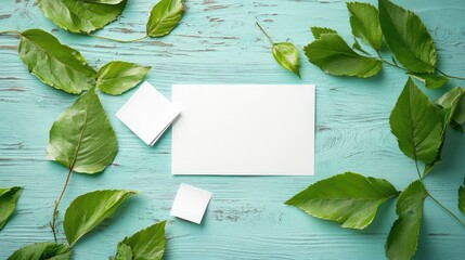 Poster - Blank white card and small square notes surrounded by green leaves on turquoise wooden background with copy space
