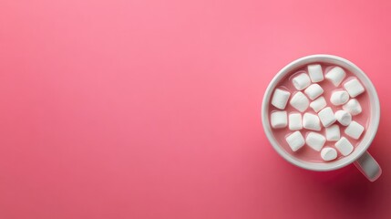 Poster - Hot chocolate with marshmallows in white mug on pink background with copy space for text