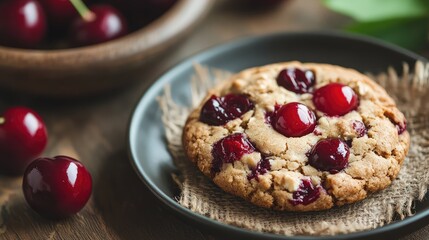 Poster - Freshly baked cherry cookies on a dark plate with cherries and wooden bowl in blurred background Copy Space