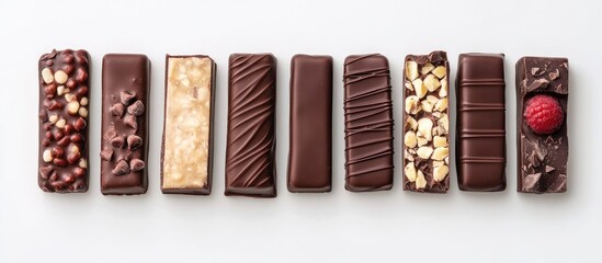 Poster - Assorted chocolate bars arranged in a row with various toppings on a white background Copy Space
