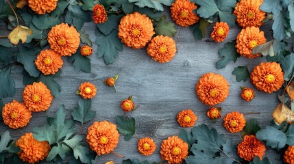 Poster - Bright orange flowers surrounded by green leaves on a wooden background with ample copy space for text placement.